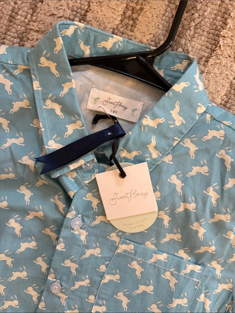 SweetHoney Light Blue Short-Sleeve Button-Down with White Rabbit Print Easter